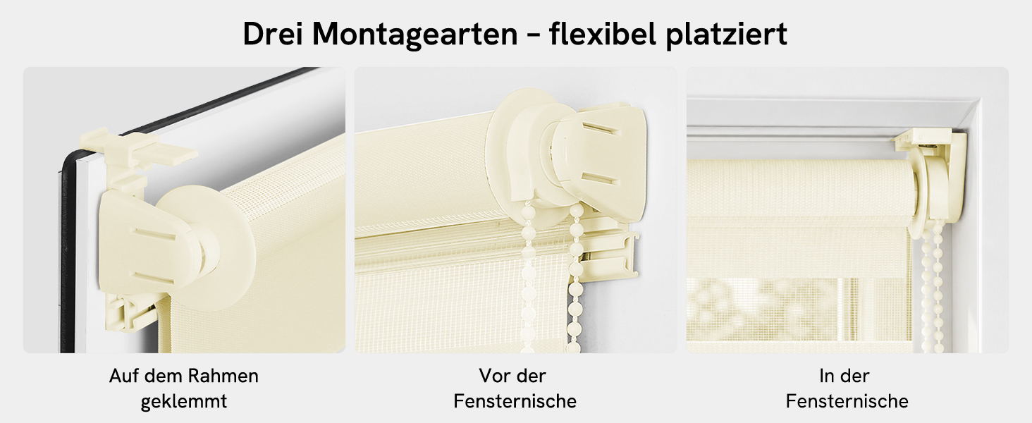 Der Text lautet „Drei Montagearten — flexibel platziert“ mit deutschen Aufschriften „Auf dem Balkon“, „Vor der Fensterseite“, „In der Fensterseite“. Das Produkt scheint drei Varianten der Installationsmethode für ein flexibles Montagesystem aufzuweisen.