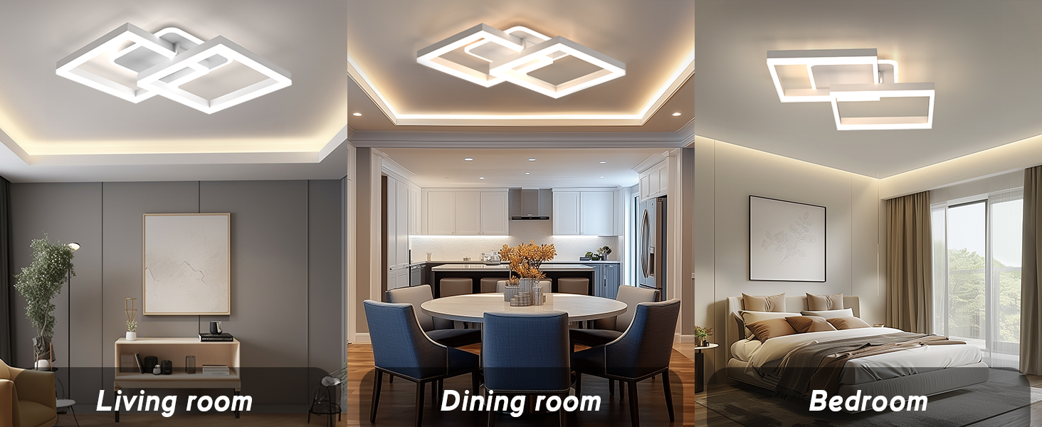 Moderne LED-Deckenleuchten, die in drei Räumen — Wohnzimmer, Esszimmer und Schlafzimmer — präsentiert werden und geometrische rechteckige Designs mit Umgebungsbeleuchtung