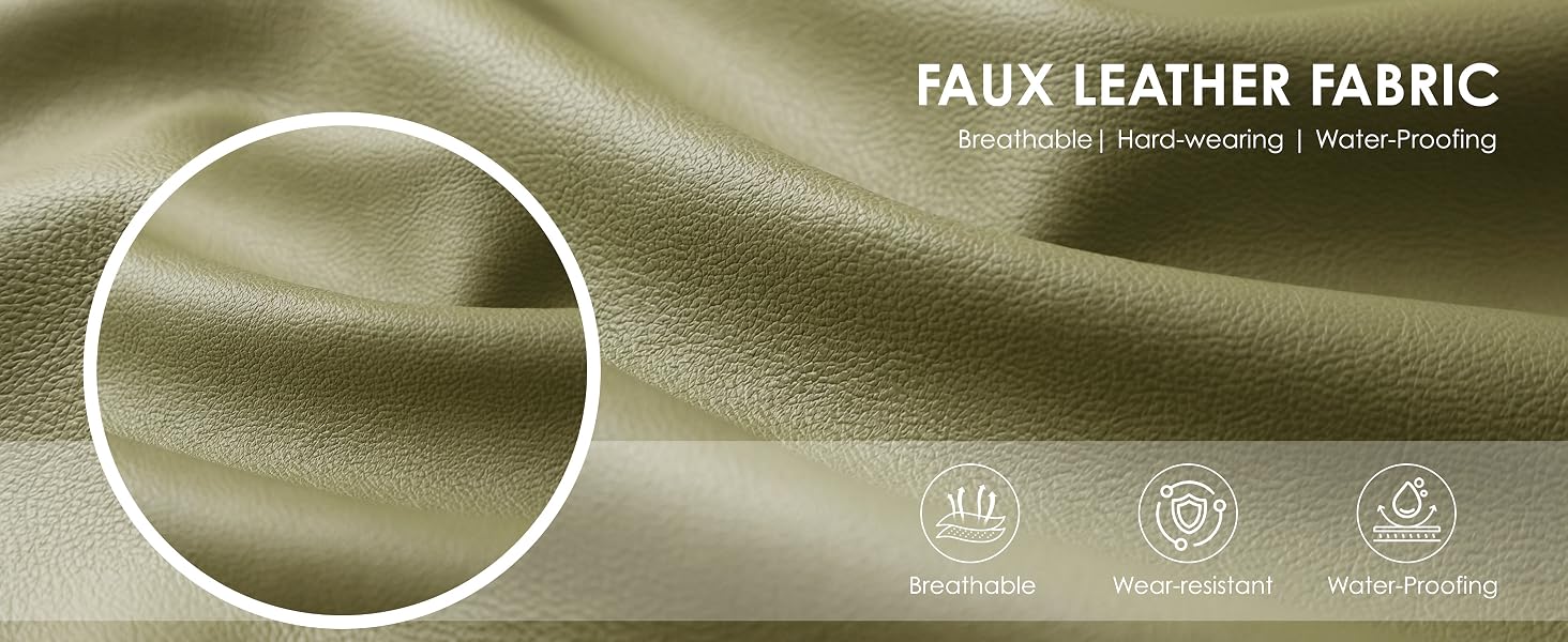 Text reads 'FAUX LEATHER FABRIC' with subtext 'Durable | Stain-resisting | Water-Proofing'. Close-up circular magnification shows textured faux leather material with three small icons indicating product features and properties.