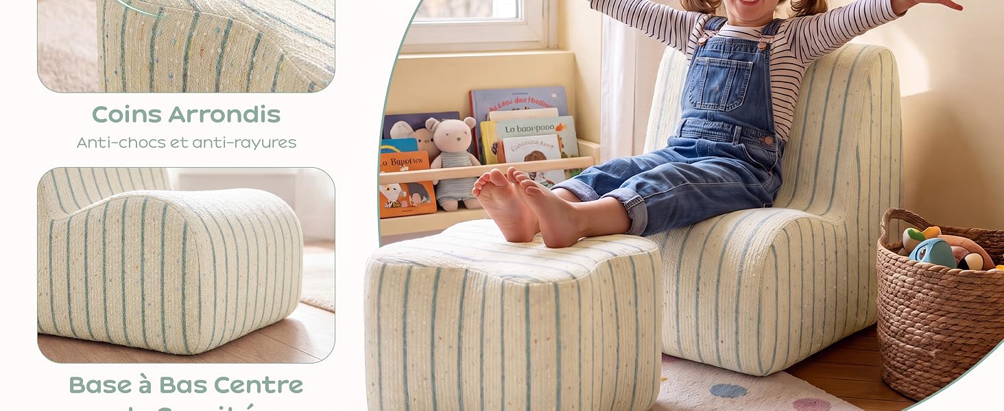 Le texte indique « Coins Armando » et « Bisse &amp; Biss Centre ». Fauteuil rembourré à rayures et pouf/pouf assorti présentés en tissu beige/crème dans le décor du salon avec une personne assise sur un meuble.