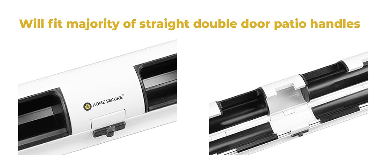 Text reads 'Will fit majority of straight double door patio handles'. Close-up shots of black door handle components and installation parts.