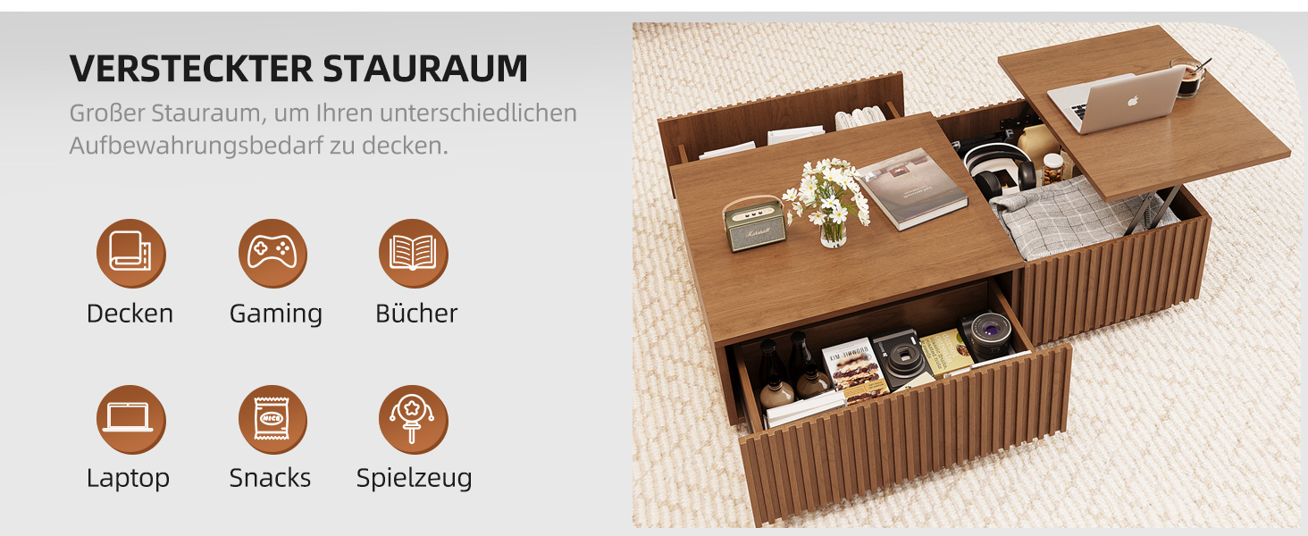 Der Text lautet „VERSCHECKTER STAURAUM“. Aufbewahrungsboxen aus braunem Karton mit Organisationsfächern und Symbolen, die verschiedene Aufbewahrungsmöglichkeiten anzeigen.