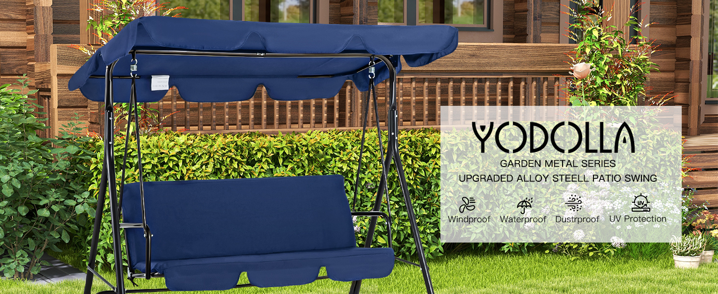 Outdoor furniture set featuring a navy blue cushioned sofa or bench on a patio or deck area with greenery visible in the background.
