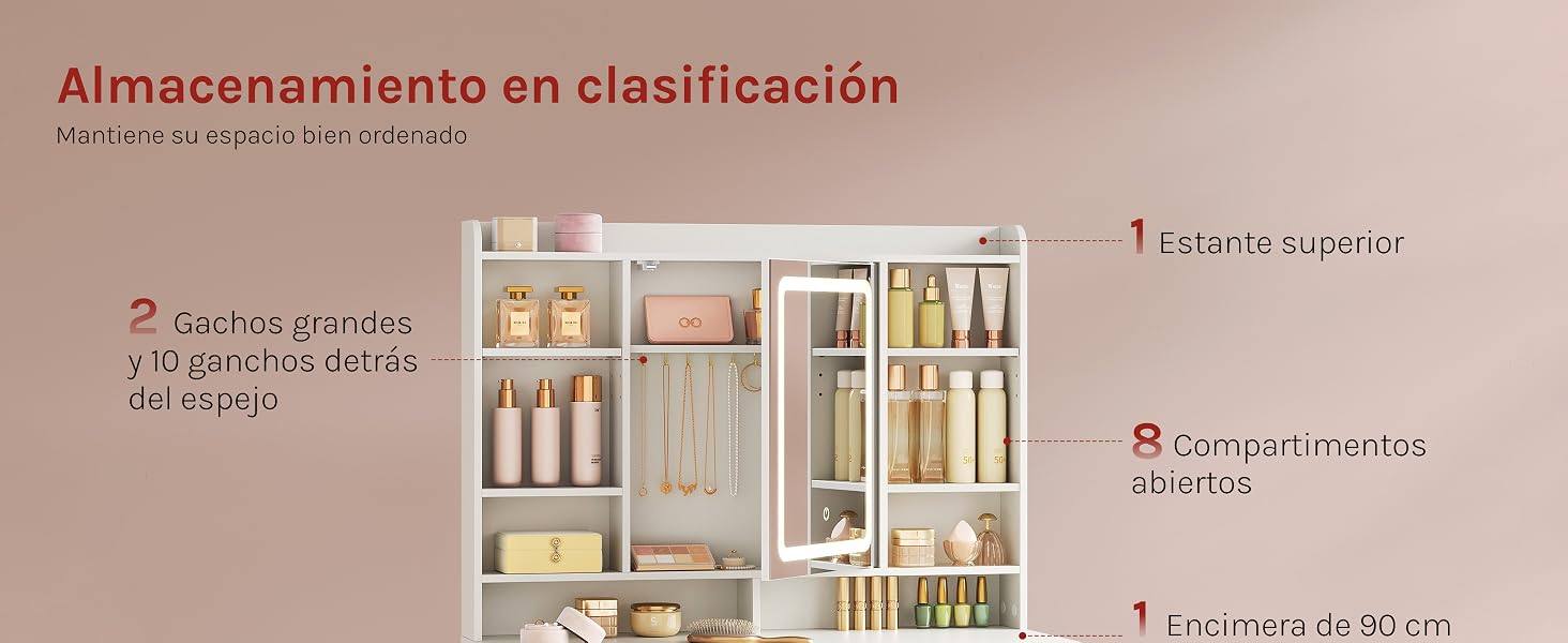 El texto dice «Almacenamiento en clasificación» con un diagrama de organización del almacenamiento que muestra los estantes, las cajas de almacenamiento y el sistema de clasificación para las soluciones de almacenamiento de juguetes.