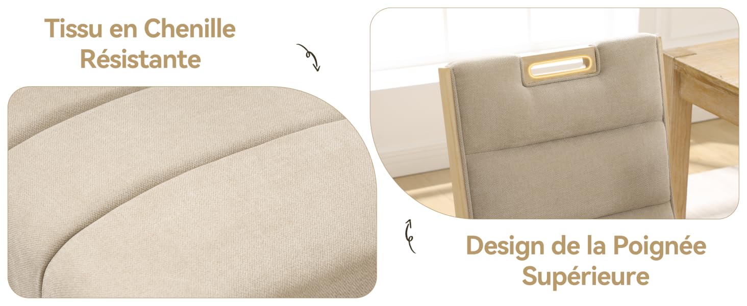 Le texte indique « Tissu en chenille » et « Design de la Poignée Supérieure ». Vue rapprochée de la texture du tissu chenille beige et des détails du design de la poignée.