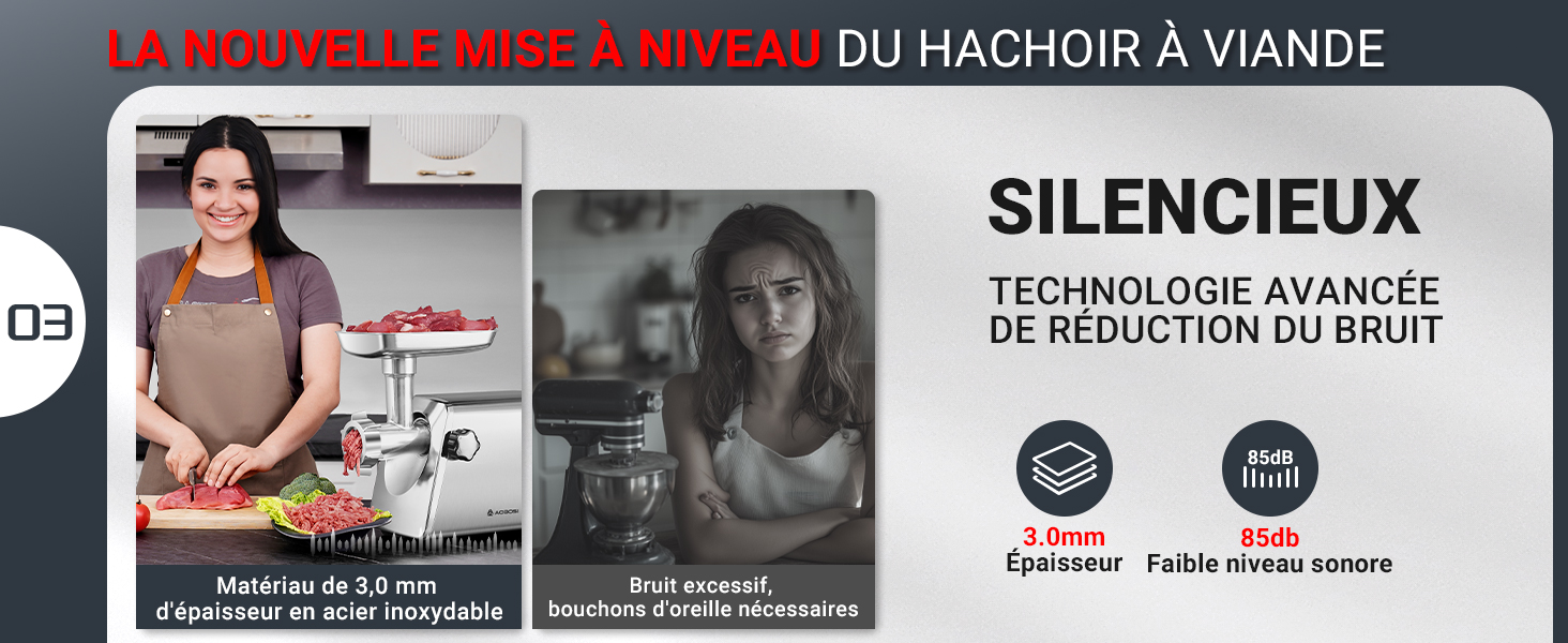 Publicité de produit mettant en avant les caractéristiques technologiques silencieuses d'un hachoir à viande, avec des indicateurs technologiques de réduction du bruit et des symboles de certification.