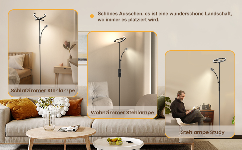 Hohe, moderne Stehleuchte mit verstellbaren Armen und LED-Leuchten. Dargestellt in drei Einstellungen: Schlafzimmer, Wohnzimmer und Arbeitszimmer. Sorgt für fokussierte Beleuchtung zum Lesen und für Umgebungsbeleuchtung.