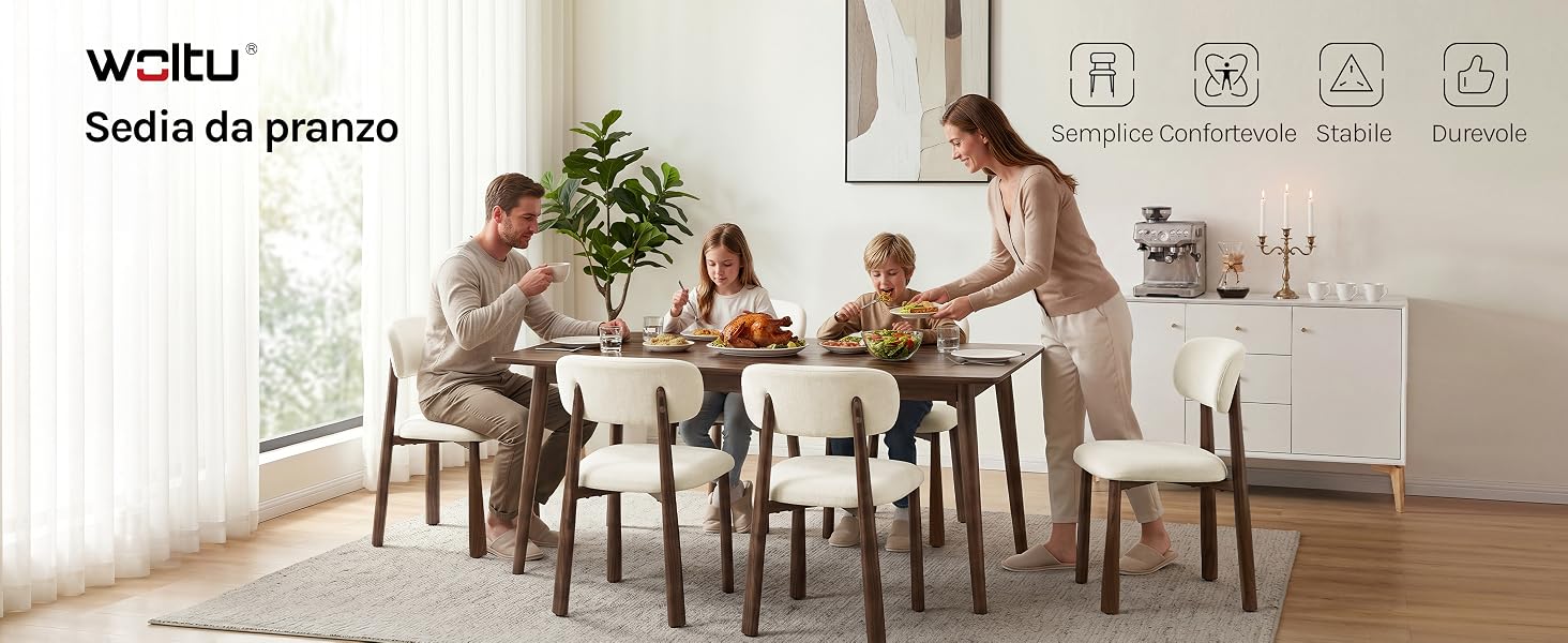 Il testo recita 'weitu' e 'Sedia da pranzo'. L'immagine mostra una moderna sala da pranzo con tavolo in legno, sedie di colore chiaro e icone in alto che indicano le caratteristiche o le specifiche del prodotto.