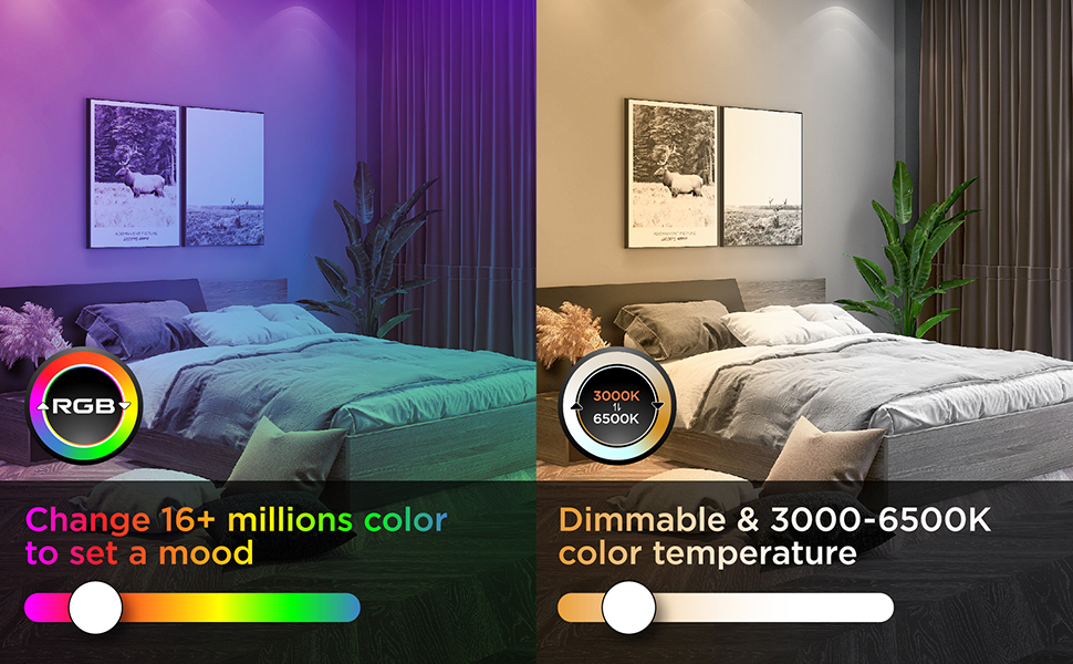 Vergleich intelligenter LED-Beleuchtung im Schlafzimmer auf geteiltem Bildschirm: Links zeigt das violette Ambiente, rechts warmes Weiß mit einstellbaren Farbtemperatureinstellungen