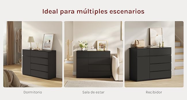 El texto dice «Ideal para múltiples escenarios». Tres cómodas modernas negras idénticas se muestran en diferentes ambientes de la habitación: dormitorio, vestidor y cocina.