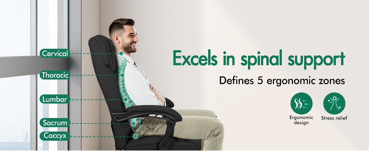 Text reads 'Excels in spinal support' and 'Defines 5 ergonomic zones'. Office chair product demonstration showing ergonomic features and support zones.
