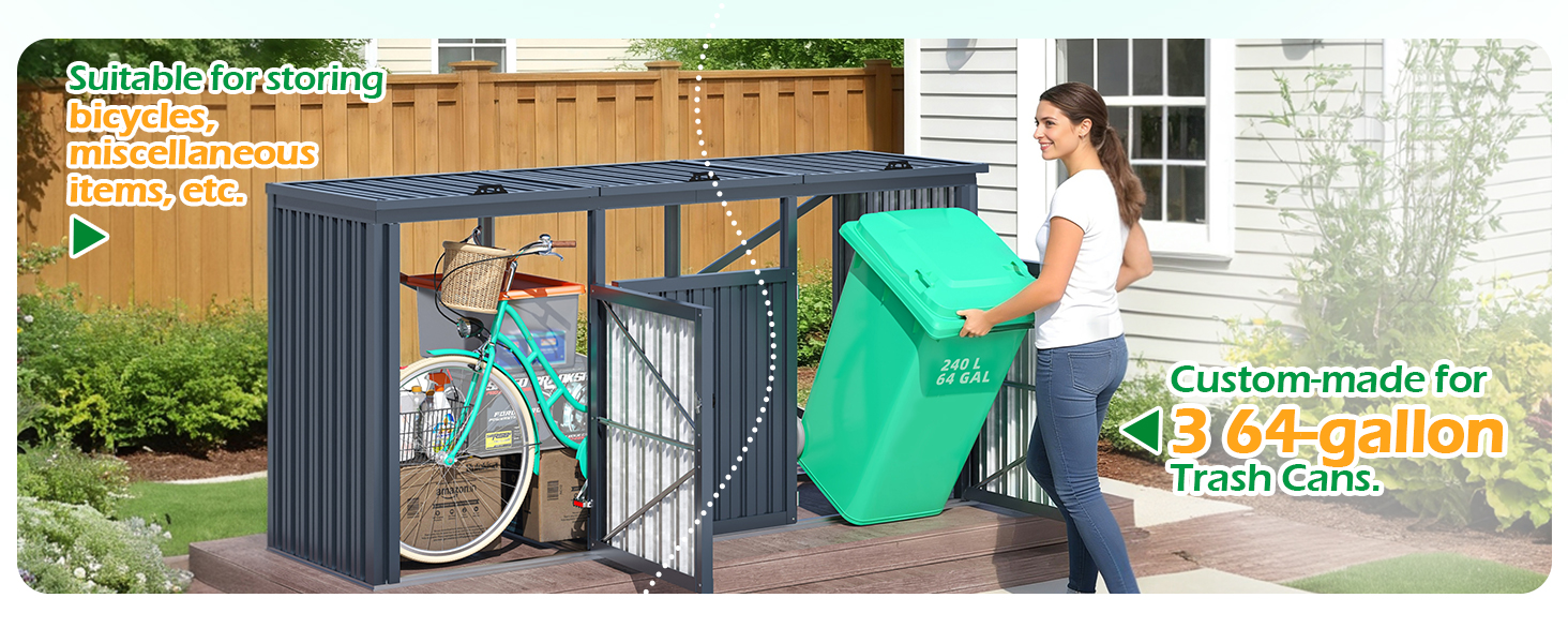 Text reads 'Custom-made for 64-gallon trash cans'. Storage unit showing gray metal outdoor storage cabinet with sloped roof, containing bicycle and green trash cart. White house visible in background.