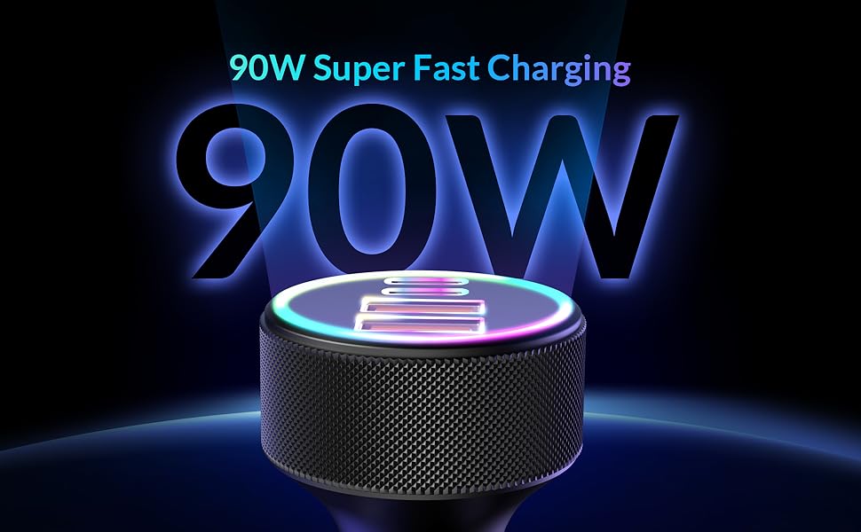 Cylindrical black device with glowing blue ring on top, showcasing 90W super fast charging capability against dark background with blue light effects.