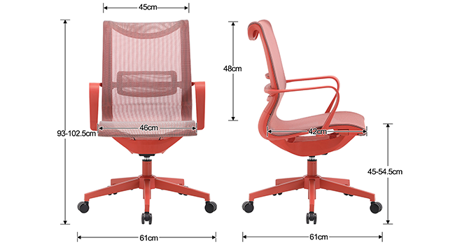 Schéma technique montrant une chaise de bureau en maille rouge avec roues vues de face et de côté, y compris les lignes de mesure des dimensions et les spécifications.