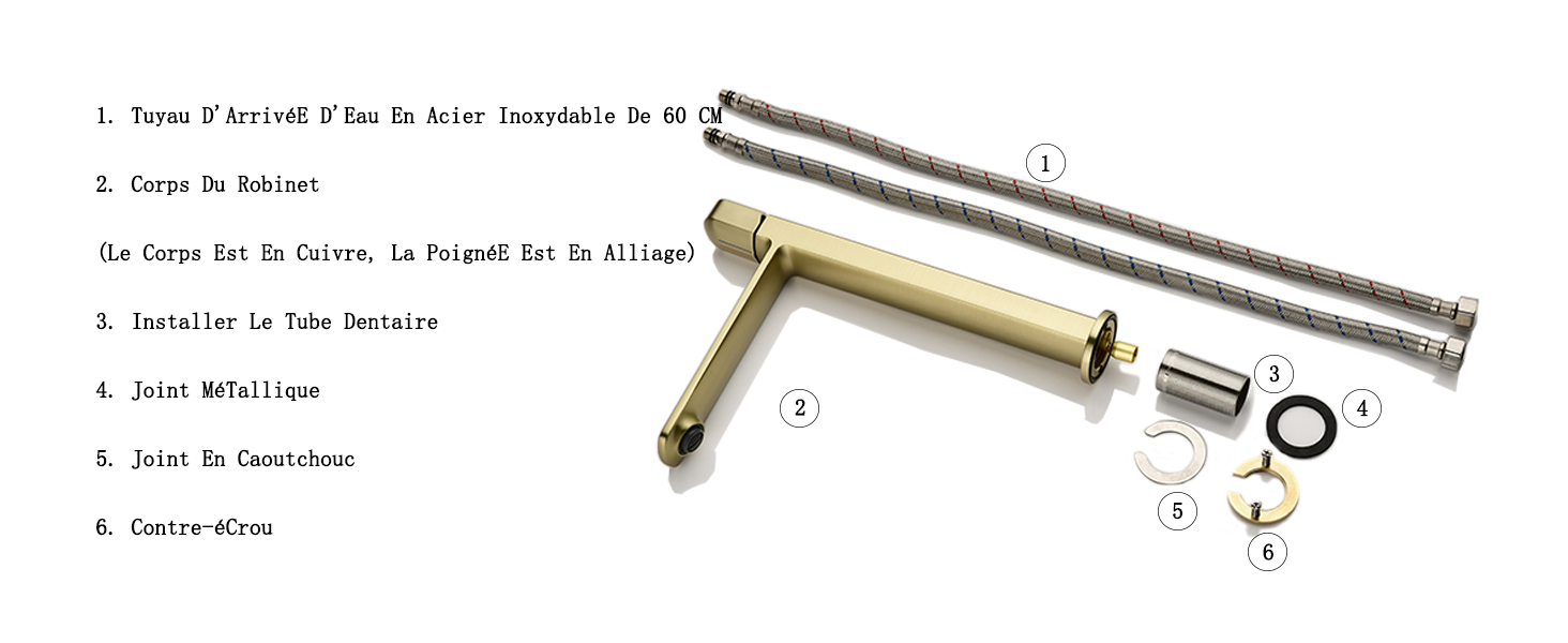 Composants du drain de lavabo de salle de bain démontés, y compris des tuyaux métalliques, une pièce en forme de T de couleur laiton, des rondelles et des écrous. Les pièces numérotées sont disposées avec les instructions d'installation visibles.