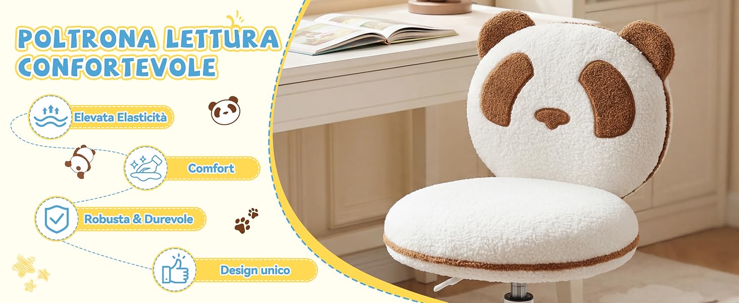 Il testo recita «POLTRONA LETTURA CONFORTEVOLE» con icone di comfort. Cuscino decorativo bianco e beige con disegno a faccia di panda e forma arrotondata imbottita su sfondo neutro.