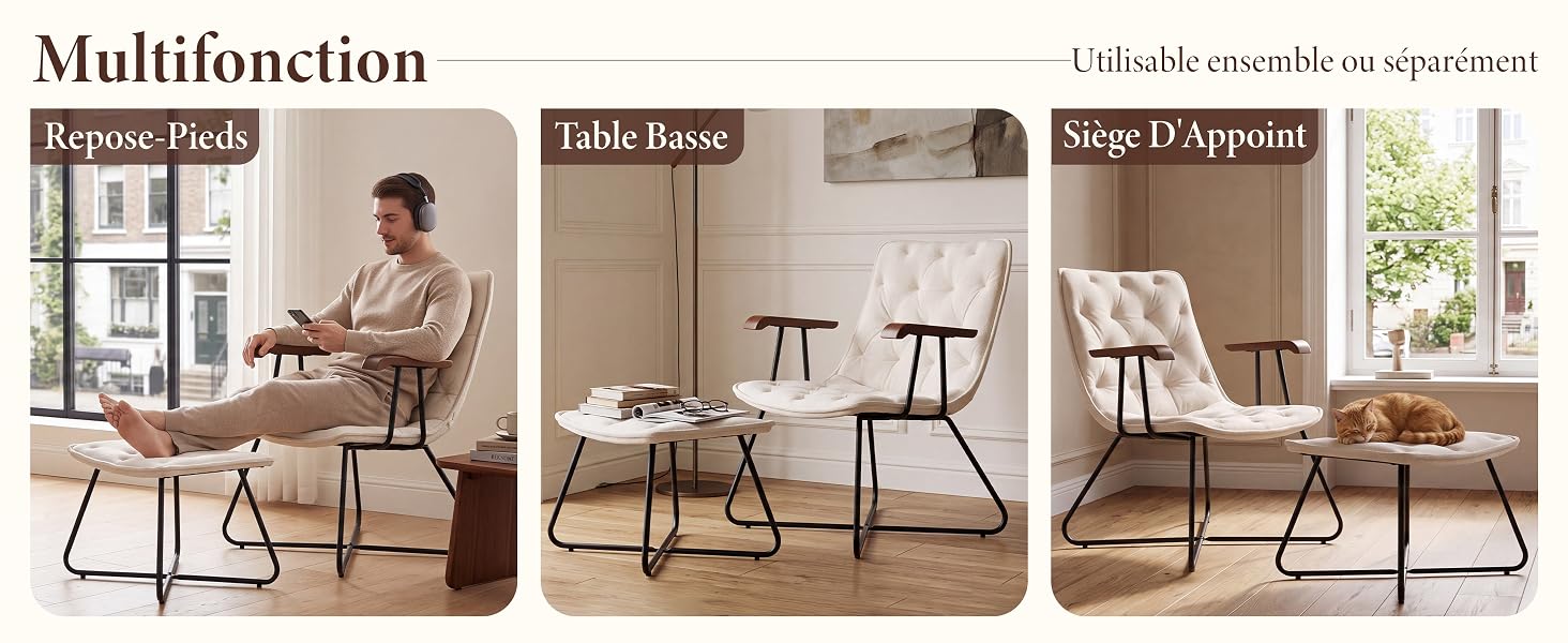 Le texte indique « Multifonction », « Table à manger », « Table Rasse », « Taille D'Arrosoir ». Trois chaises d'appoint beige/beige présentées dans différents environnements de pièce : bureau, salle à manger et salon.
