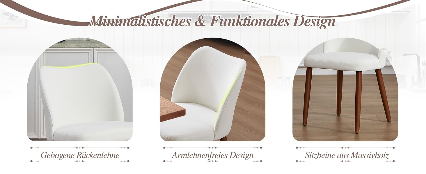 Der Text lautet „Minimalistisches & Funktionales Design“. Zeigt dieselbe Möbelkollektion wie Bild 1 mit weißen Schränken und Holzbeinen.