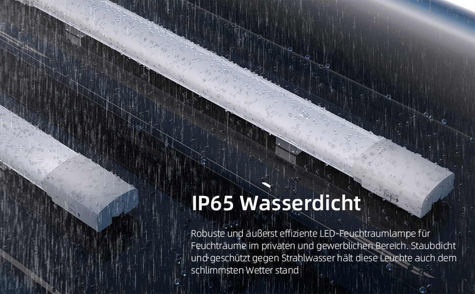 Nahaufnahme von wasserfesten LED-Lichtbändern bei starkem Regen. Der Text 'IP65 Wasserdicht' (deutsch für 'wasserdicht'