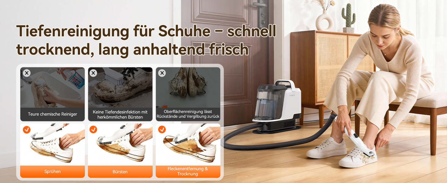 Der Text lautet „Tiefenreinigung für Schuhe — schnell trocknend, lang anhaltend frisch“. Das Produkt zeigt ein Schuhreinigungs-/Trocknungsgerät mit drei abgebildeten Betriebsmodi und eine Person, die das Gerät an den Schuhen benutzt.
