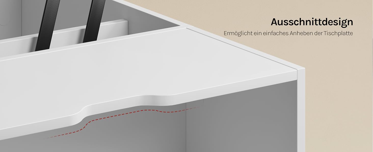 Text lautet „Aussenlidesign“ (teilweise sichtbar). Detailaufnahme einer weißen Möbelkante oder eines architektonischen Elements vor neutralem beigem Hintergrund.