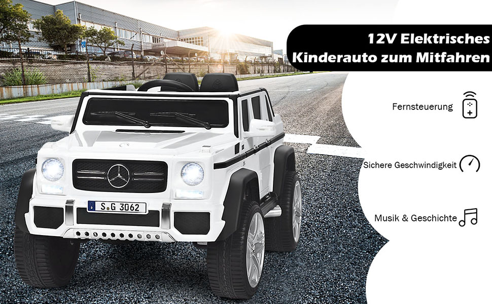 12V Kinderauto mit 2,4G-Fernbedienung, Elektroauto mit MP3, Musik, Hupe und LED-Leuchten, Jeep Auto 