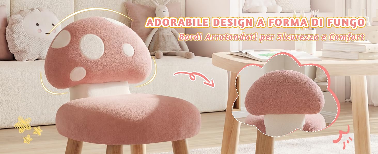 Sgabelli o mobili decorativi a forma di fungo rosa disposti in un espositore. Gli articoli hanno piani arrotondati e gambe in legno.