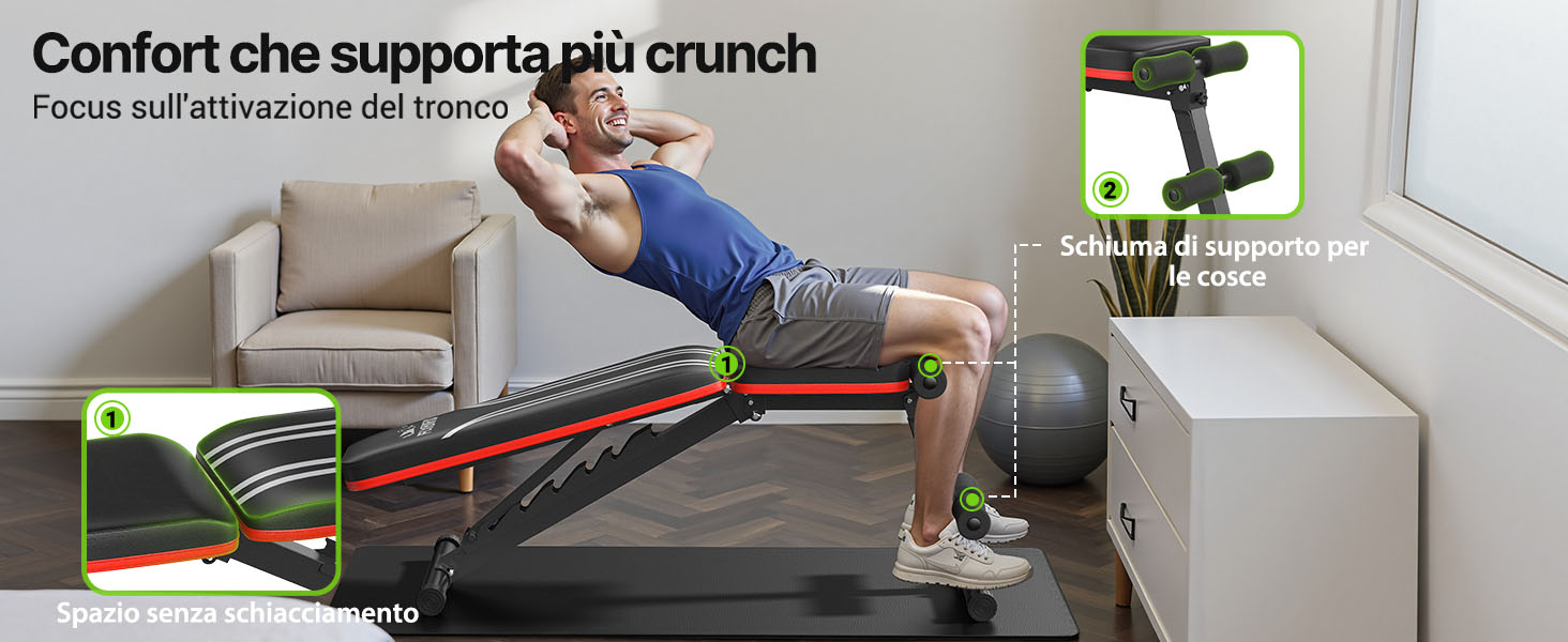 Il testo dice «Comfort she support you crunch». Foto ravvicinate di strutture di supporto grigie o gambe di mobili con i piedi delle persone visibili al di sotto.