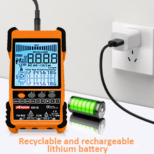 con schermo LCD, collegato a una presa a muro. Il dispositivo è dotato di una batteria al litio riciclabile e ricaricabile.