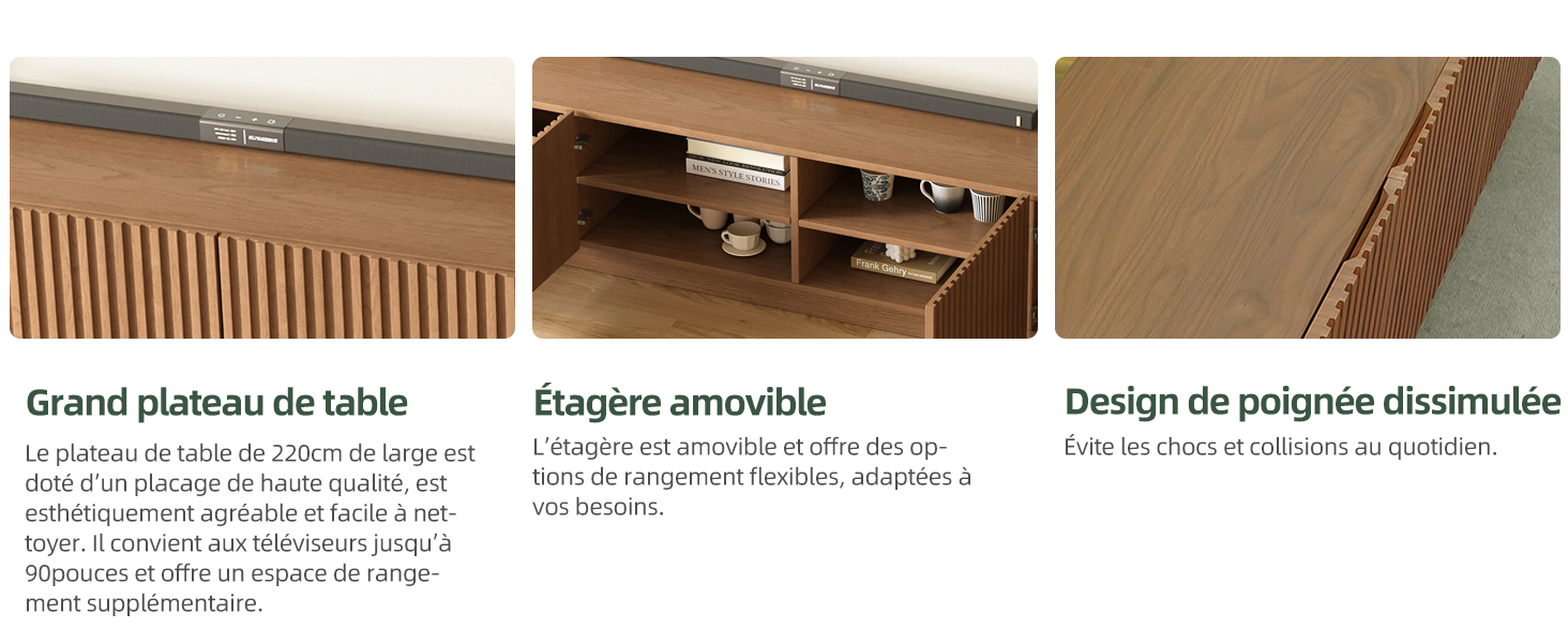 Le texte indique « Grand plateau de table », « Étagère amovible », « Design de piédestal dissimulée ». Vues multiples de meubles modulaires, y compris des surfaces de table et des éléments d'étagères.