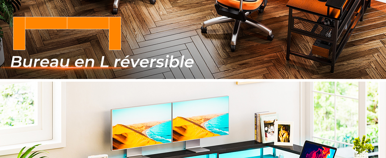 Intérieur moderne avec un bureau, une chaise et des décorations murales colorées. Le texte orange en haut à gauche indique « Bureau en L réversible ».
