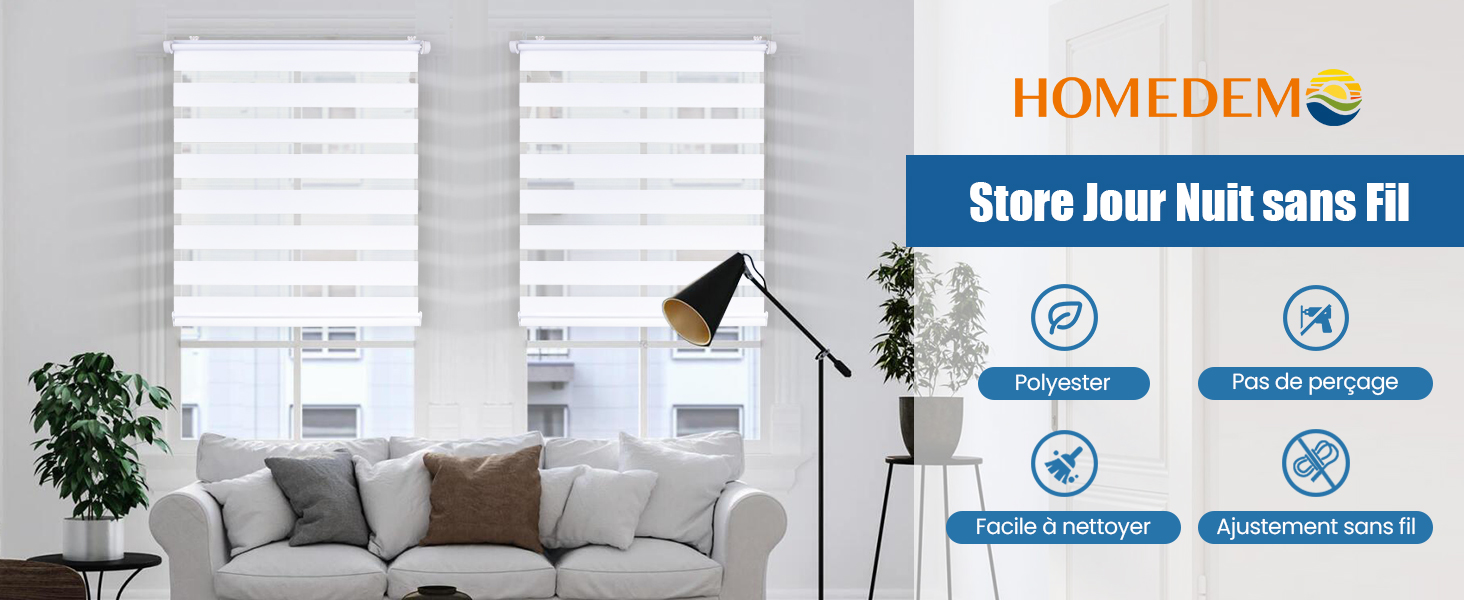 Image divisée montrant des stores blancs dans un salon et un emballage de produits pour les stores sans fil « Homedemo » avec des icônes de fonctionnalité