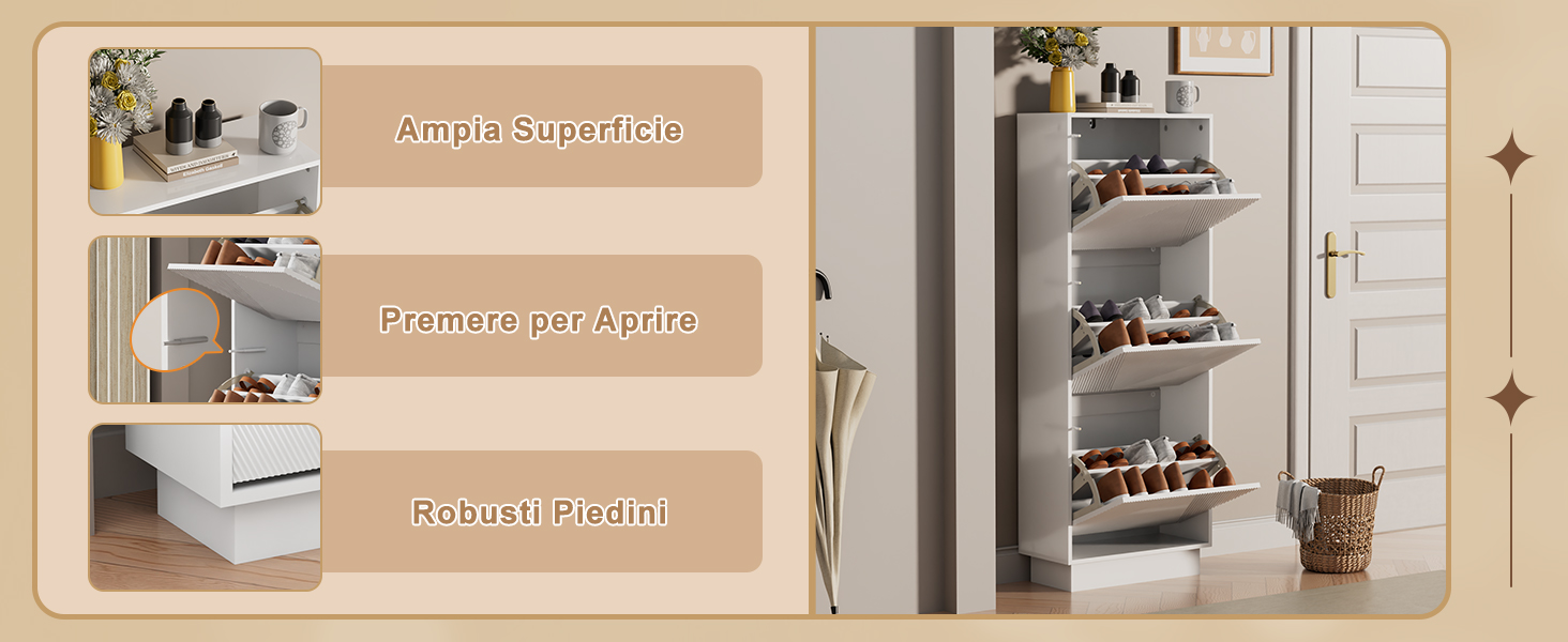 Infografica che mostra tre pannelli beige che mostrano soluzioni per riporre le scarpe, con scaffali a parete e sistemi di organizzazione in ambiente domestico.