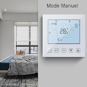 avec écran LCD affichant une température de 28 °C. Design carré blanc avec boutons tactiles pour le contrôle manuel des réglages de température de la maison.