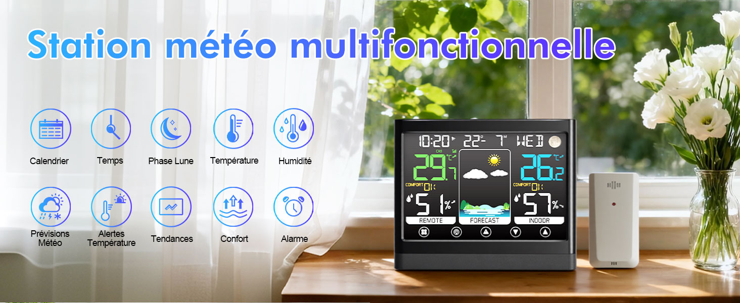 Le texte indique « Station meteo multifonctionnelle ». Affichage numérique de la station météo affichant la température et les données météorologiques avec des icônes pour différentes mesures.