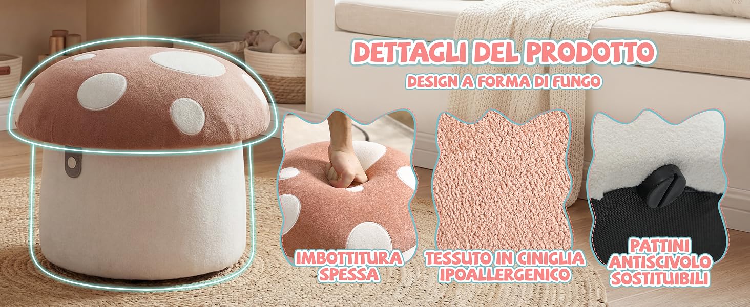 Il testo recita «SETAUQUI DE ROSCOVIA». Composito raffigurante una pentola in ceramica beige con coperchio e pois bianchi, insieme a quattro piccole immagini di prodotti di articoli rosa con texture e accessori neri.