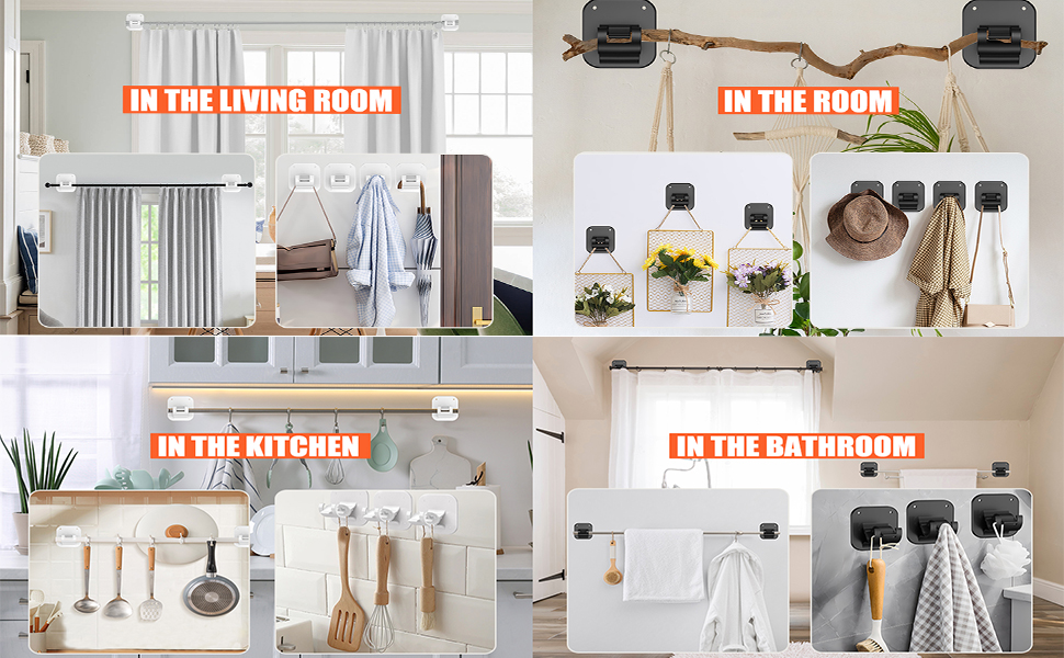 Vitrine de design d'intérieur à panneaux multiples présentant des systèmes d'organisation de cuisine minimalistes avec des étagères flottantes et des solutions de rangement dans les tons blanc et beige.