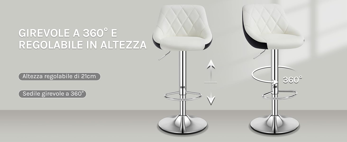 Due sgabelli da bar trapuntati bianchi con altezza regolabile e girevoli a 360 gradi. Base e poggiapiedi cromati. Viene mostrato un intervallo di regolazione dell'altezza di 58-78