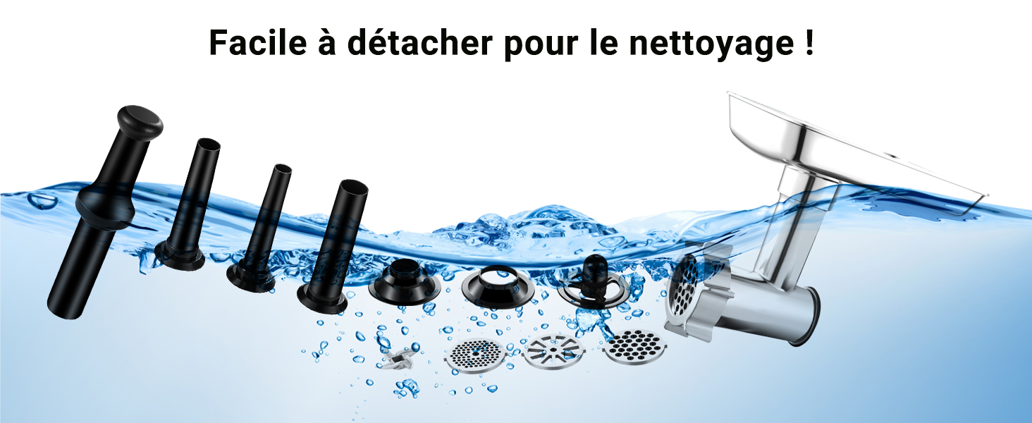 Illustration de pièces d'appareils de cuisine amovibles immergées dans l'eau, mettant l'accent sur la facilité de nettoyage. Montre plusieurs composants séparés pour un lavage en profondeur.