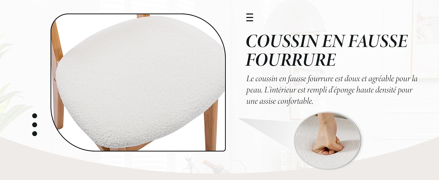 Gros plan d'un coussin blanc texturé sur un cadre de chaise en bois. Le coussin semble doux et moelleux, avec une surface semblable à de la fausse fourrure