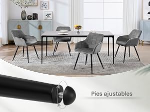 con sillas tapizadas en gris y mesa negra en una habitación luminosa, con pies ajustables para muebles que se muestran a continuación