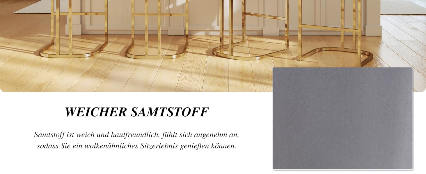 Der Text lautet 'WEICHER SAMTSTOFF' mit deutscher Beschreibung unten. Zeigt ein Stoff- oder Materialmuster mit grauer quadratischer Überlagerung.