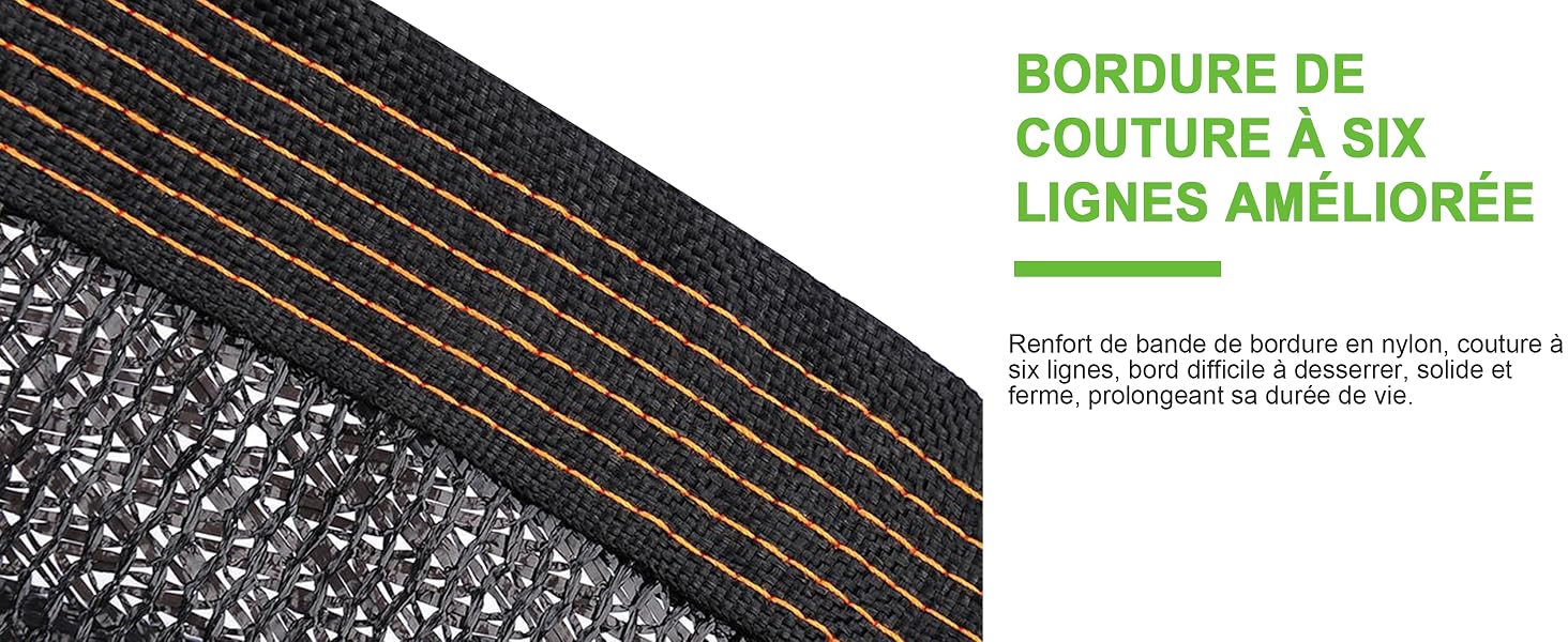 Gros plan du tissu avec coutures apparentes, avec un texte vert en français mentionnant une bordure de couture améliorée à six lignes