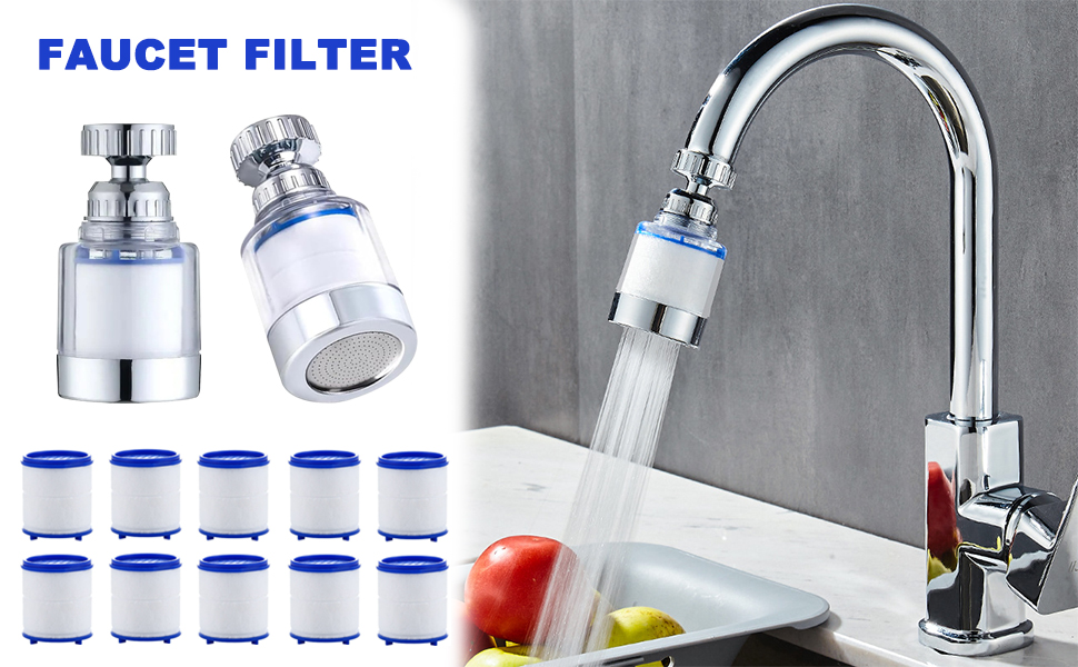 Faucet water filter system with attachments and replacement filters. Main image shows filter in use on kitchen sink, spraying filtered water.