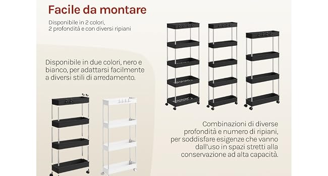 Il testo dice 'Facile da montare'. Schema di assemblaggio che mostra le configurazioni di ripiani o scaffali di stoccaggio neri in diverse disposizioni.