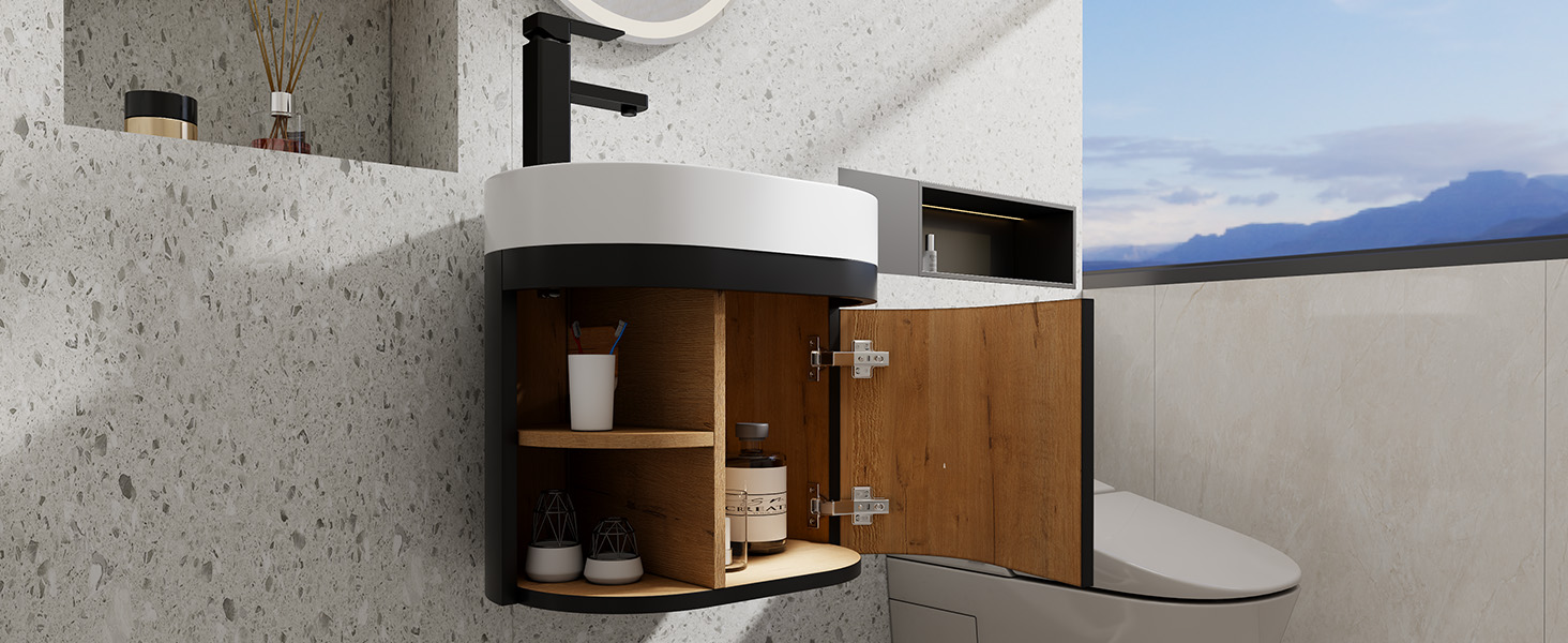 Espaces intérieurs présentant la texture des murs en béton, salle de bain minimaliste moderne avec robinet noir, armoires de rangement en bois et fenêtre donnant sur le paysage montagneux. Composition de conception architecturale.