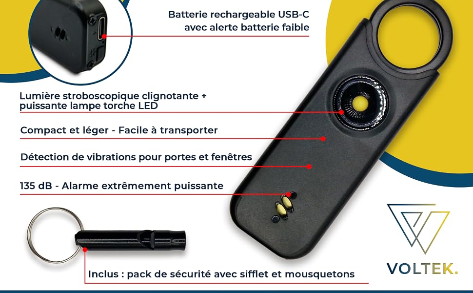 通过 USB-C 充电、频闪照明、门/窗振动检测和 125 dB 警报。设计紧凑且符合 Voltek 标准