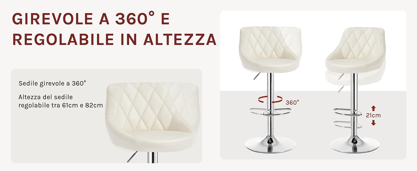 Sgabelli da bar trapuntati bianchi con rotazione a 360 gradi e altezza regolabile. Base cromata con poggiapiedi. Caratteristiche del prodotto illustrate con frecce e testo