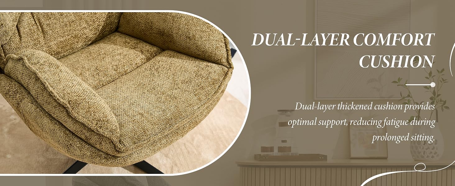 Close-up of a chair cushion with dual-layer comfort. Textured beige fabric upholstery visible. Text highlights cushion's fatigue-reducing properties for prolonged sitting.