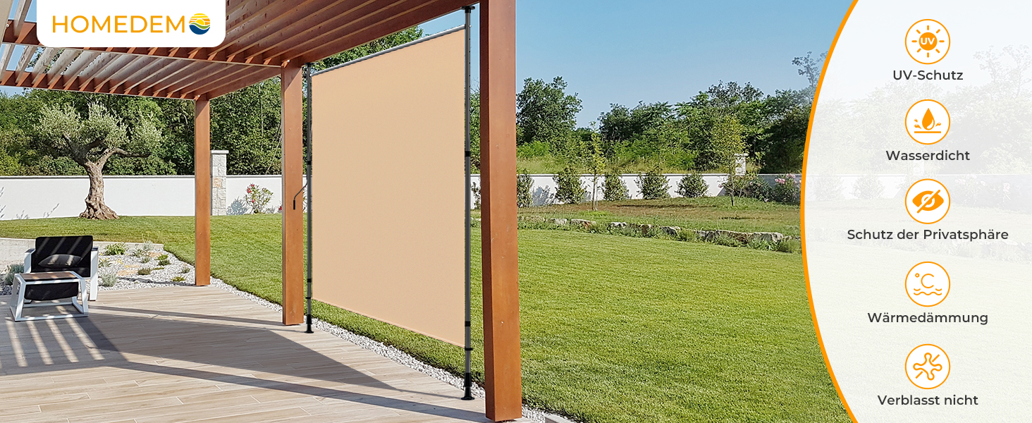 Der Text lautet „HOMEDEC“. Außenterrasse mit ausziehbarer Markise über dem Sitzbereich, mit Rasen und Garten im Hintergrund. Auf der Seitenleiste werden kreisförmige Feature-Symbole angezeigt.